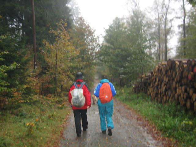 2 Wanderinnen mit Hund vorweg...